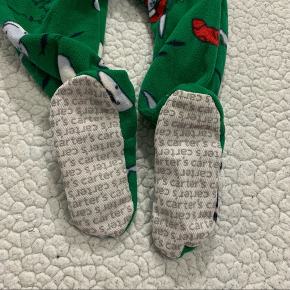 CARTER’S 1-Piece Green Christmas Shark Santa Holiday Fleece Footie PJs 12M - Picture 9 of 12